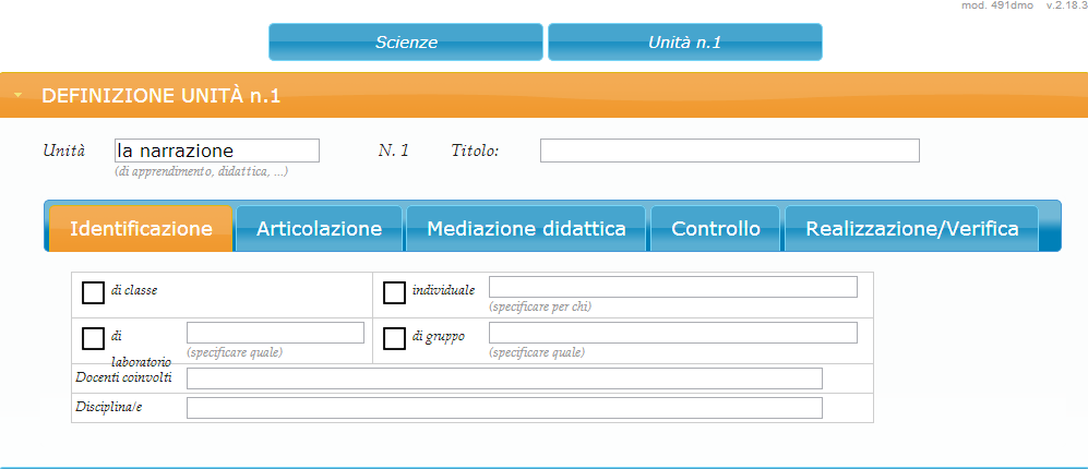 Cliccando qui accedo/estendo il menu sulla definizione dell Unità come esemplificato qui: Cliccare sul colore per spostarsi alla relativa colonna Tasti attraverso i quali scelgo materia (solo quelle