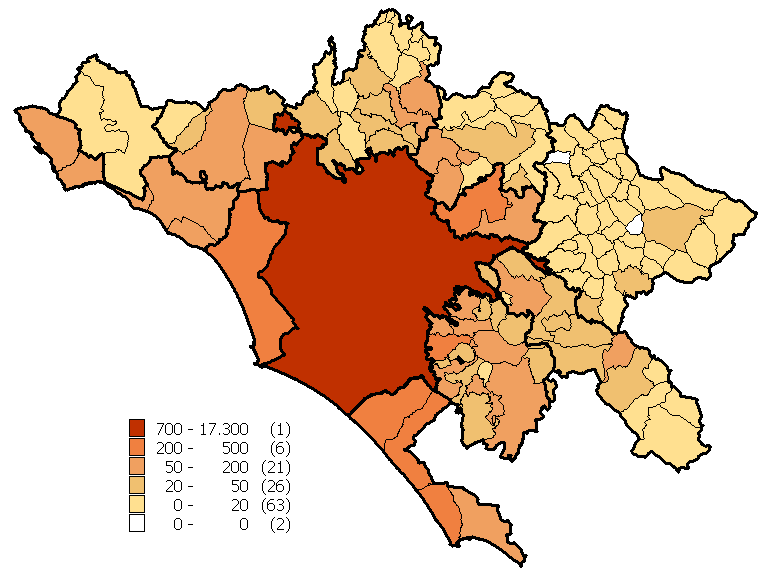 Nella mappa sottostante (Figura 6) si rilevano, mediante gradi cromatici diversi, i valori del nel I semestre per tutti i 119 comuni che compongono la Provincia di Roma.