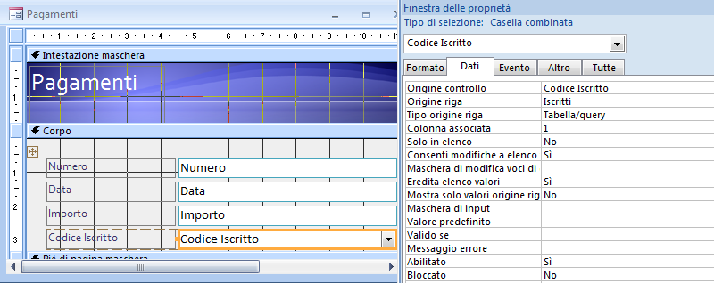 Anche in questa maschera sarebbe molto più comodo selezionare il codice iscritto da una casella a discesa che inserirlo manualmente con la