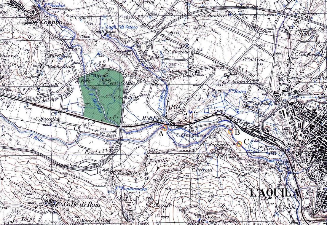 misure dirette di portata registrate in tre stazioni distribuite lungo il fiume Aterno, site in località: Tre Ponti, L Aquila e Molina. A.confluenza con il T. Raio B. confluenza con il T. Vetoio C.