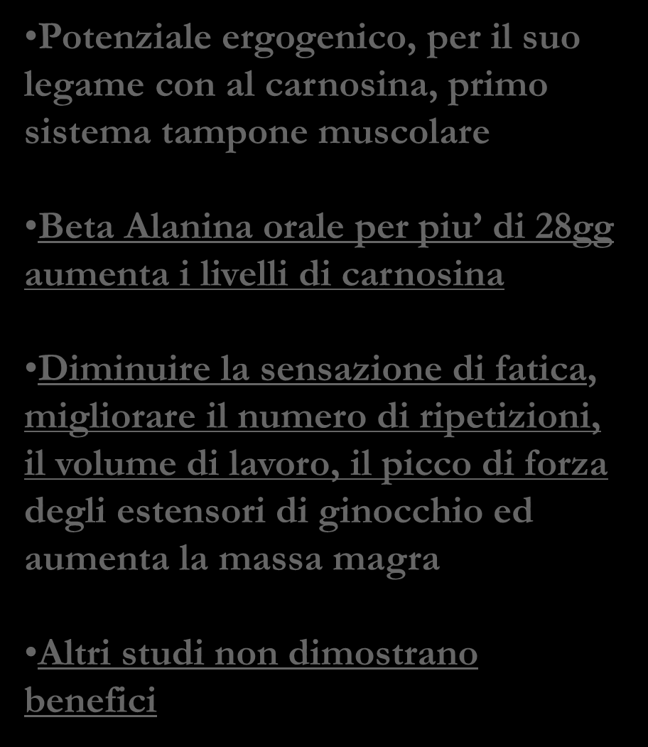 BETA ALANINA Potenziale ergogenico, per il suo legame con al carnosina, primo sistema tampone muscolare Beta Alanina orale per piu di 28gg aumenta i livelli di carnosina Diminuire la sensazione di