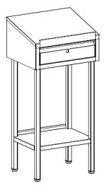 SCRIVIMPIEDI CASSETTIERE Piedistallo in tubolare 40 x 40 mm, coperchio (senza serratura) e cassetto in acciaio inox con spessore 0,8 mm e finitura spazzolata 2J (Scotch-Brite), tetto scrittoio