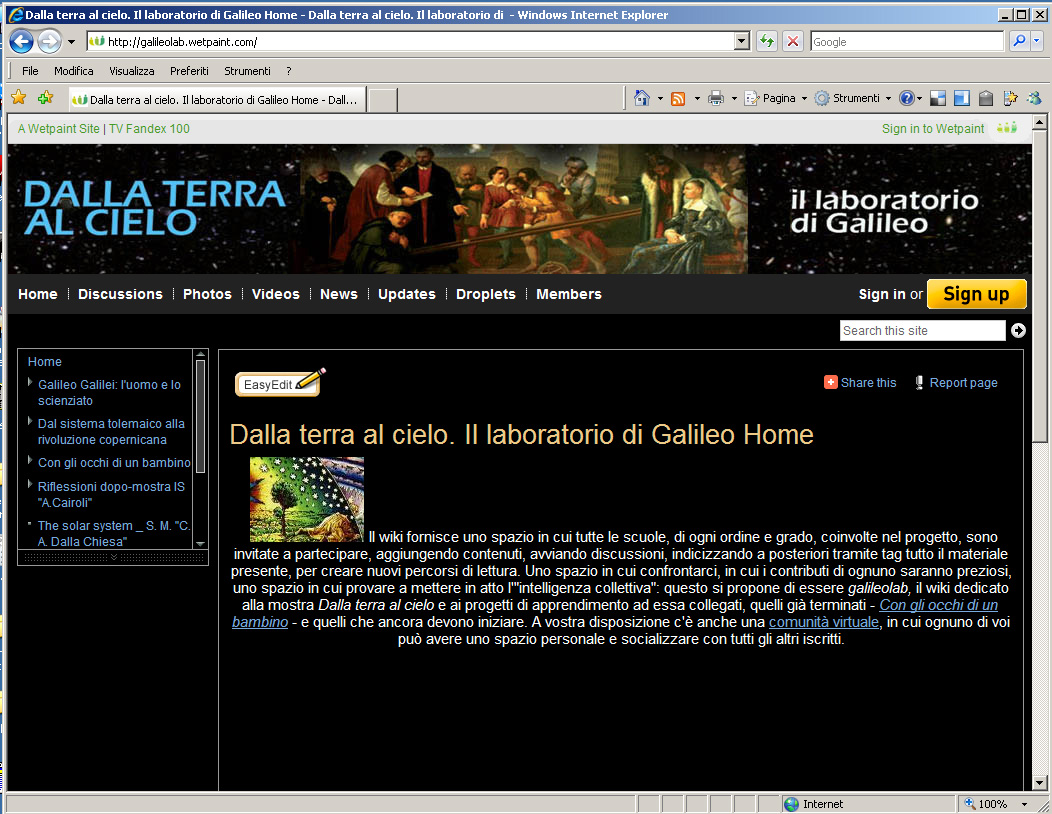 166 Lidia Falomo Figura 5. Wiki dedicato al progetto Dalla terra al cielo. Il laboratorio di Galileo.