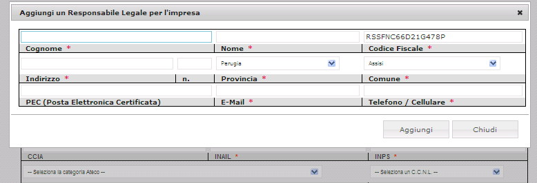 Cliccando poi su della sezione Si aprirà la seguente finestra: Digitando il codice fiscale del Responsabile Legale dell impresa,