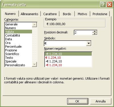 Formattare le celle contenenti i dati Per cambiare la formattazione dei valori all interno delle celle selezionare la cella desiderata, cliccare