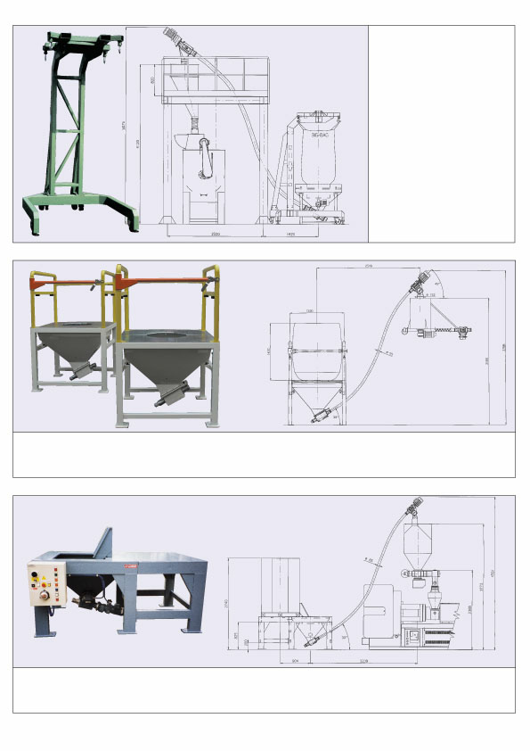 Struttura di sostegno per Big Bag accessibile su tre lati.trasportatore flessibile a spirale per carico miscelatore orizzontale ad aspo Bulk Bag support structure accessible from three sides.