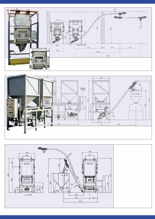 Impianto di svuotamento Big Bag, con isolamento ambiente, trasporto a spirale con collegamento in serie per totali 20 mt Bulk Bag unloading unit, with insulation for the surrounding areas and spiral