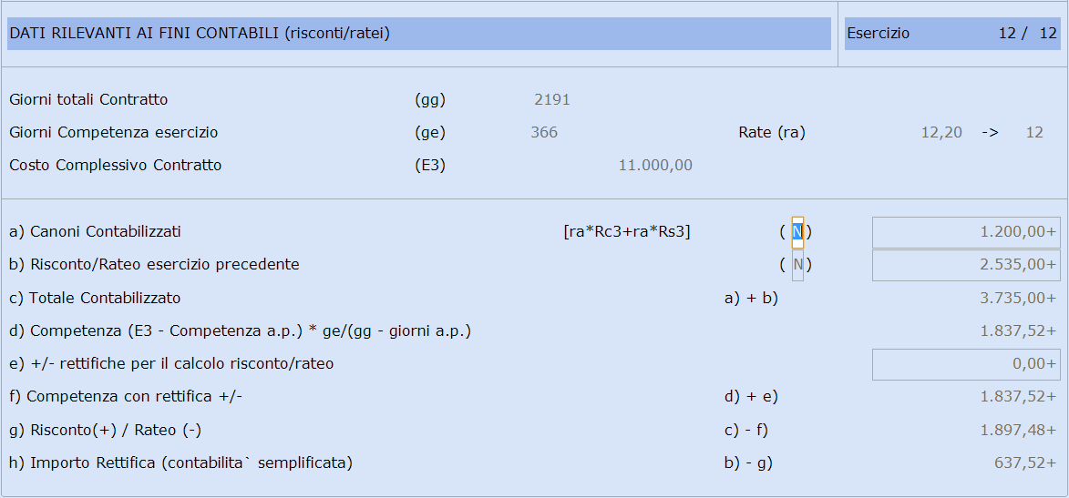 Elenco campi: Giorni totali Contratto (gg): campo di sola display calcolato dalla data inizio alla data fine contratto. Giorni competenza esercizio (ge): campi di sola display calcolati.