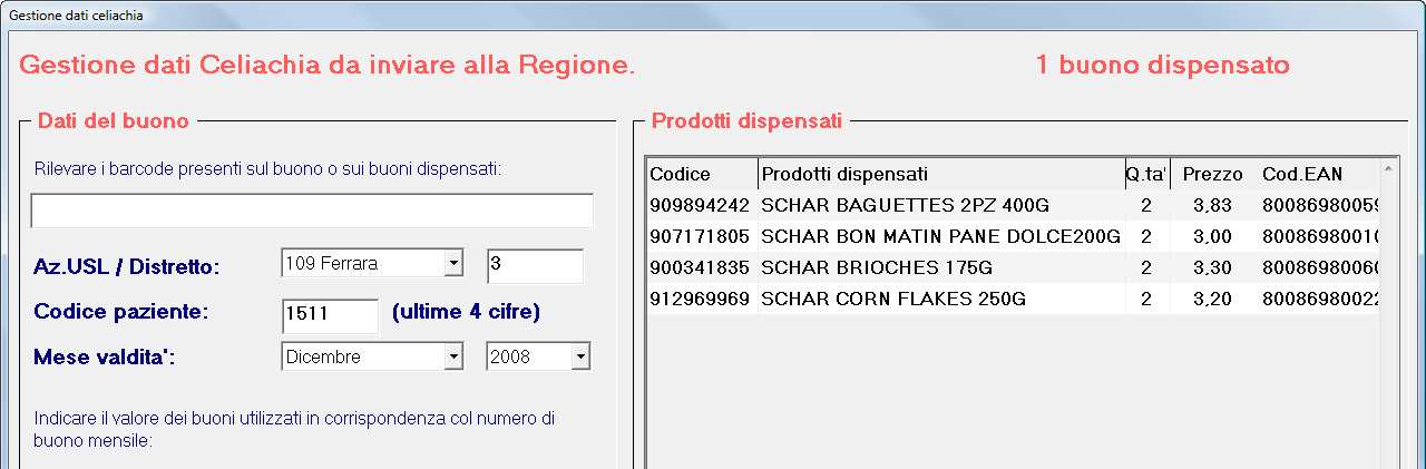 In fase di chiusura della vendita (dopo aver digitato F1 F1) verrà mostrata una videata per completare i dati relativi alla dispensazione in regime celiachia.