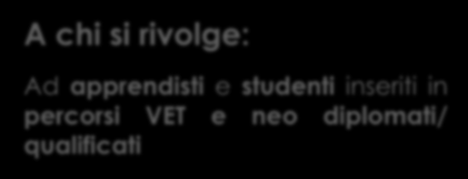 VET Learners Obiettivo: Accrescere le opportunità di formazione in un altro Paese del Programma di studenti e tirocinanti VET, finalizzate a far acquisire le abilità necessarie per favorire la