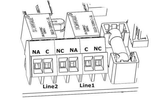 Morsetto Bus Sensori 1 e 2 (Line1 e Line2) I morsetti Line1 e Line 2 fanno riferimento, rispettivamente, alla linea bus 1 ed alla linea bus 2 dei sensori ALM-6000.