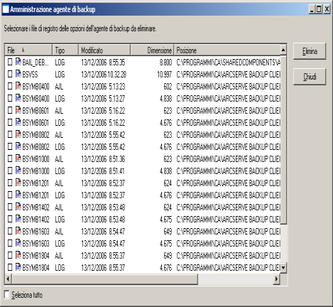 Backup dei dati del server di rete Windows Elimina file di registro dell'agente client Per gli agenti client UNIX, Linux e Mac OS X, eliminare i file di registro dal computer client nello stesso modo