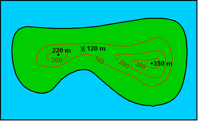 Altimetria, isoipse e punti di quota Consideriamo un isoletta con due picchi. Costruiamo le curve di livello ogni 100 m di quota «affettando» il monte con dei piani ogni cento metri.