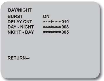 - BURST: ON/OFF - DELAY CNT: 000-255 - DAY NIGHT: 000-255 -