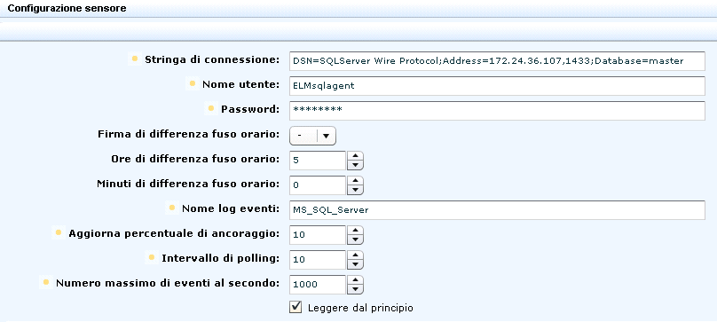 Esempio: Abilitazione della raccolta diretta tramite ODBCLogSensor 8. Fare clic su Configurazione connettore e selezionare il collegamento della Guida in linea.