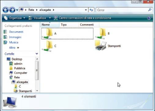 viene visualizzata la lista di tutti i dischi ed eventuali stampanti collegate alla porta USB del modem (a lato un esempio); i contenuti del disco prima collegato, ed eventuali altri prima collegati,