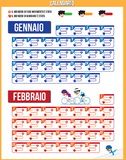 Il Calendario Individuale: È giornaliero; Riassume le attività motorie e le quantità di frutta e verdura assunte; Utilizzo