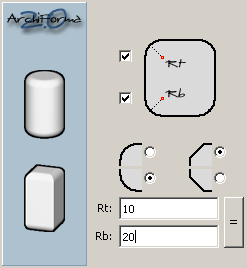 Manuale Utente La finestra dell arrotondamento Col pulsante arrotondamento, si accede alla sezione utilizzabile per arrotondare o smussare la base e/o il top dell elemento creato.