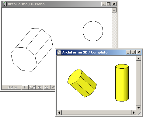 ArchiForma Come rendere parallelo un elemento ad un elemento esistente Supponiamo di avere inserito un cilindro in pianta e di volergli assegnare lo stesso orientamento (rotazione) di un prisma
