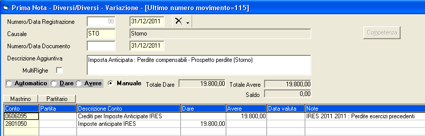 - 72 - Manuale di Aggiornamento La sommatoria della colonna utilizzo perdite sarà riportata nel rigo Perdita Periodi Precedenti e sottratto al reddito fiscale: Il totale della colonna Imp. Ant./Diff.