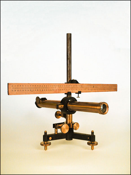 Misura e definizione di 'ampere' (IV) Cannocchiale e scala, introdotto da J. C. Poggendorff, per la misura degli angoli di rotazione della parte mobile di galvanometri, magnetometri e altri strumenti ottocenteschi dotati di specchio.