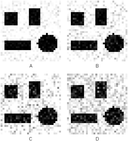 5.3 Evoluzione di un Edge Detector per semplici immagini contenenti rumore Figura 5.26: Immagini campione per i vari passi evolutivi. (A) rumore 2% (B) rumore 10% (C) rumore 12.