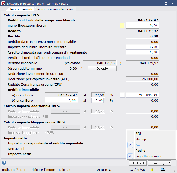 Reddito Fiscale entrare nel dettaglio imposte correnti per gestire il prospetto ACE possibilità di gestire il calcolo società non operative entrare nel