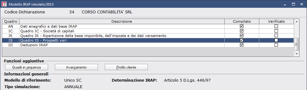 dettaglio conti e importi derivati dalla procedura Modello Irap simulato da questo tab è possibile visualizzare le imposte e gestire il modello Irap simulato, che sarà poi ripreso all'interno della