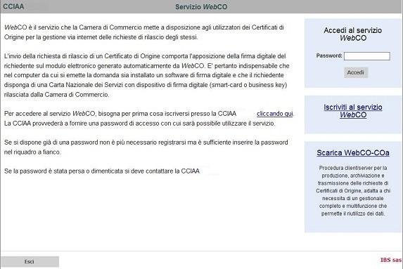 Adesione al servizio WebCOA Per accedere all'applicazione WebCOA e necessario iscriversi al servizio telematico attraverso il sito www.ge.camcom.gov.