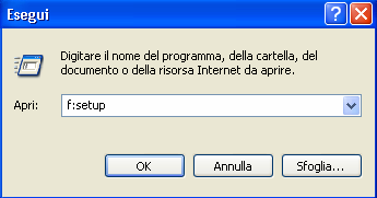 Esempio di un installazione senza Autorun : 1. Cliccare su e selezionare 2. Immettere nel campo Apri la lettera corrispondente all unità ottica. Seguita da: e dal nome del programma setup. 3.