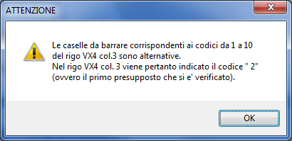 Il rigo VX4 (campo 3) contiene una serie di caselle da barrare; per ciascuna casella è presente un dettaglio nel quale viene spiegato il calcolo che il programma esegue per capire se barrare oppure