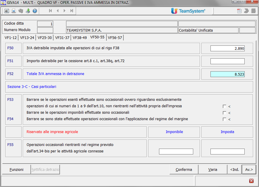 VF50 - Iva detraibile imputata alle operazioni di cui al rigo VF38 Tale rigo va compilato sia dalle ditte agricole che dalle cooperative.