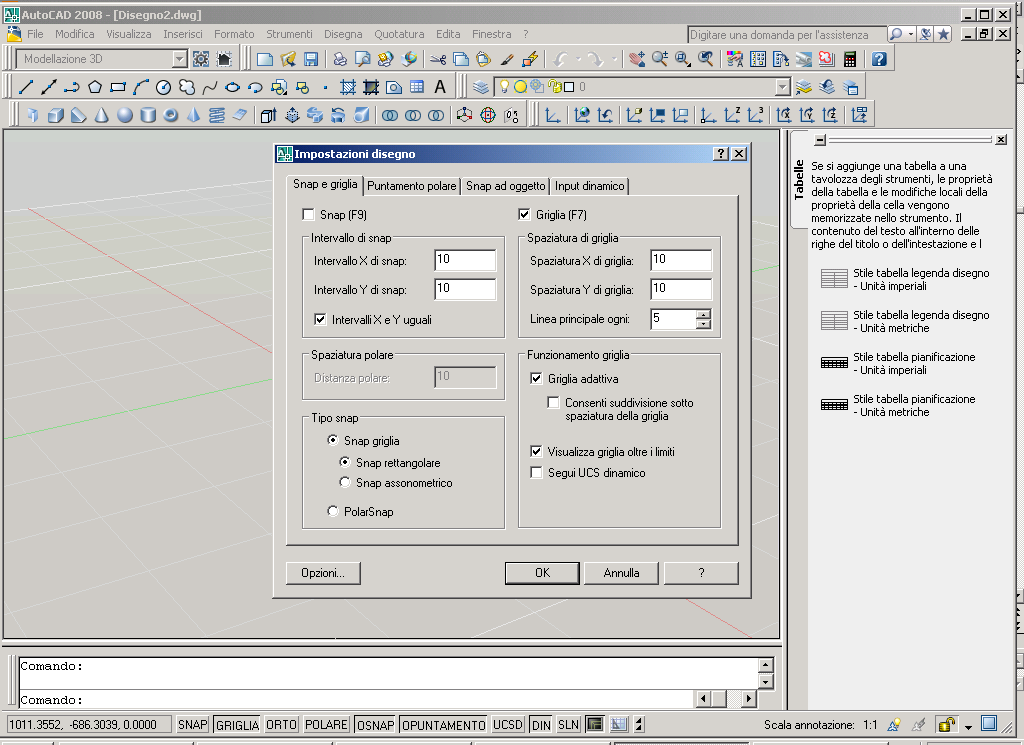 Griglia 3D Quando si selezionano gli stili di visualizzazione nascosto 3D o 3D wireframe la griglia