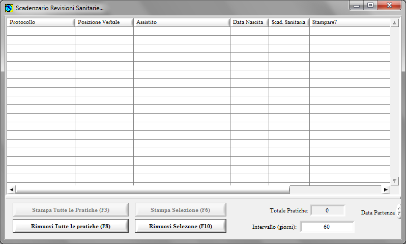 SCADENZARIO (torna all'indice) Lo scadenzario delle revisioni sanitarie è una scheda in cui sono visualizzate le pratiche la cui data di scadenza sanitaria rientra nel periodo specificato.