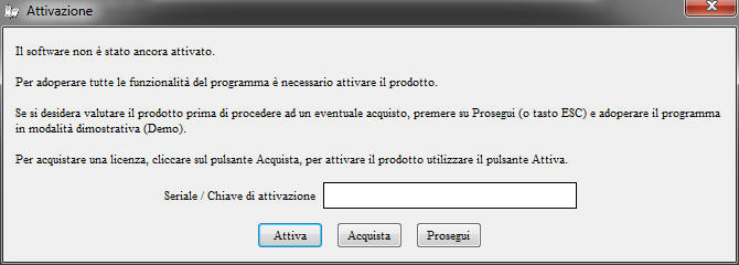 La precedente schermata è visualizzata anche quando la licenza è scaduta, oppure l'hardware (in particolare scheda madre e hard disk) del computer su cui è installato il programma è cambiato.