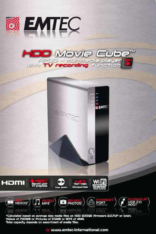 Istruzioni dettagliate per l'uso sono nel manuale Istruzioni per l'uso EMTEC MOBILE HARD DISK MOVIECUBE R700 Manuale d'uso EMTEC MOBILE HARD DISK MOVIECUBE R700 Istruzioni d'uso EMTEC