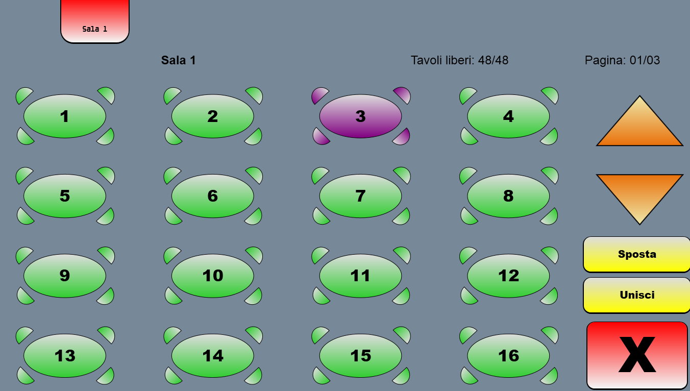 Prenotazione tavoli: I tavoli su cui è attiva una prenotazione saranno evidenziati con il colore viola: Per prenotare un tavolo sarà necessario effettuare la seguente sequenza operativa: 1.