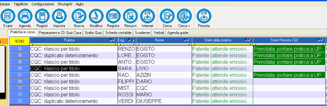 Per selezionare i duplicati,le conversioni o i fogli rosa da prenotare: click sulla colonna stato della pratica nel tabellone delle pratiche in corso.