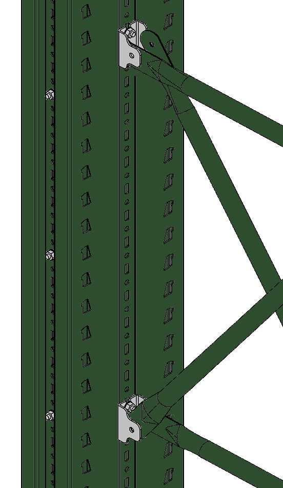 900 MONTAGGIO DIAGONALI E TRAVERSINI Fissare le staffe per controventi alle colonne con viti M12x26 con testa a martello; posizionare la mezzeria della prima staffa a circa 185 mm dal piedino; le