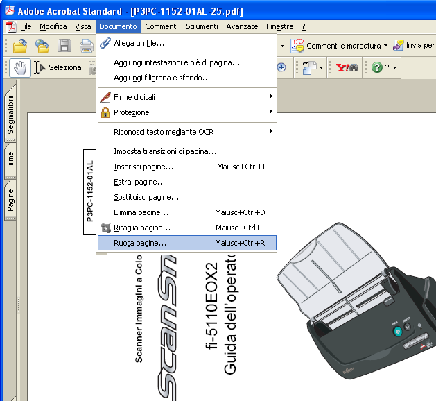 4.2 Usare Adobe Acrobat Rotazione delle pagine in file formato PDF Anche dopo aver scansionato e salvato come PDF file, si può cambiare l orientazione di visualizzazione pagina di questo PDF con