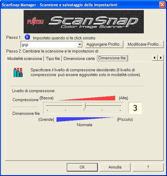 Sezione [Dimensione file] Livello di compressione: Controllando il livello di compressione si controlla la dimensione del file da archiviare Il livello di compressione è controllato spostando la