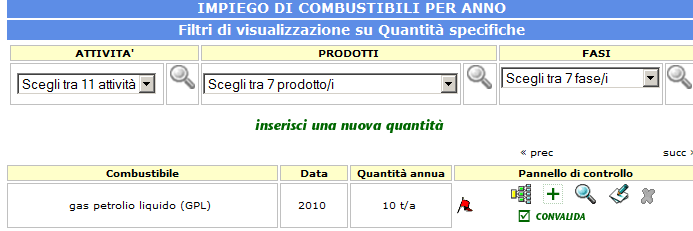 Scegliere dai menù a tendina l attività, la fase o il prodotto, per visualizzare i record, riferiti a un