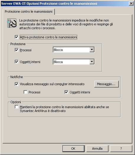 34 Aggiornamenti di Gestione di Symantec Client Security Utilizzo di Protezione contro le manomissioni 2 Selezionare o deselezionare Attiva Protezione contro manomissioni.