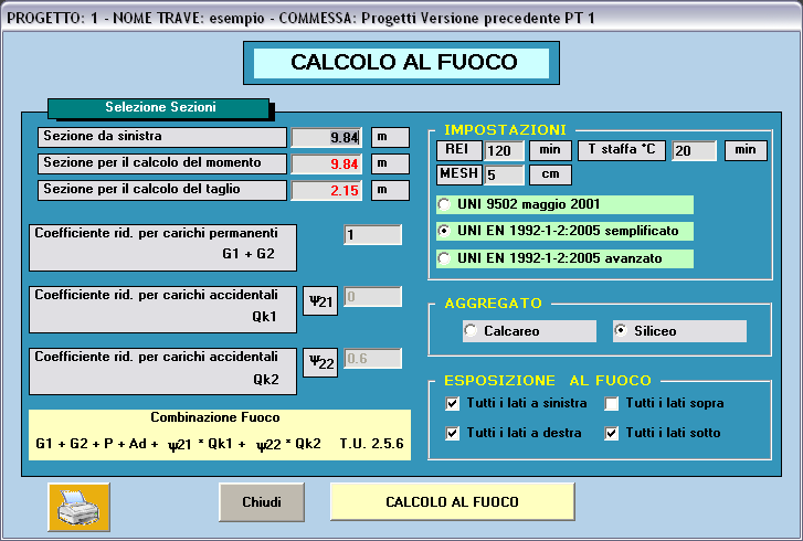 FUNZIONAMENTO Premendo il pulsante VERIFICA AL FUOCO si apre la maschera seguente: Il programma propone in automatico le sezioni con momento e taglio massimo comunque modificabili dall utente.