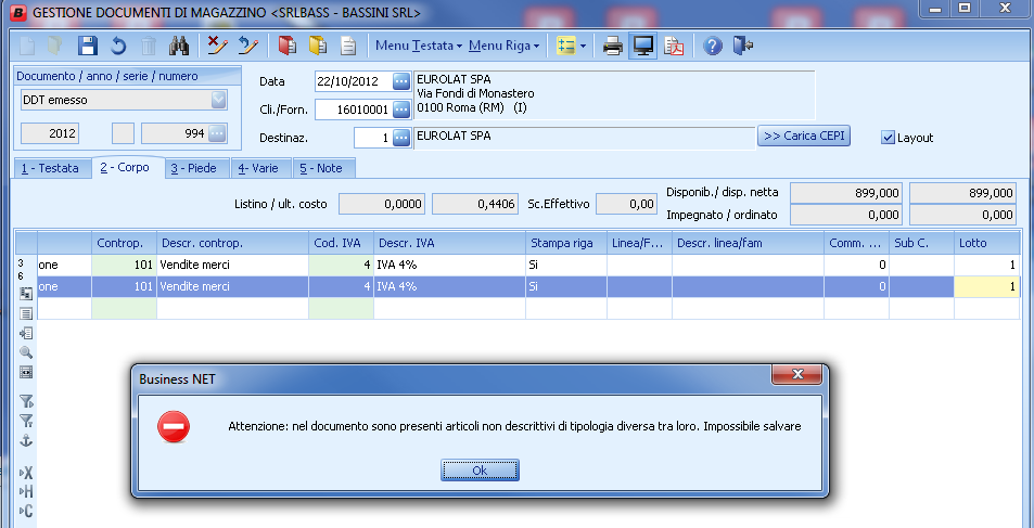 In fase di emissione di documenti (in gestione ordini se attivata l opzione specifica ) al momento del salvataggio il programma avvisa che si stanno facendo documenti con prodotti di tipo diverso e