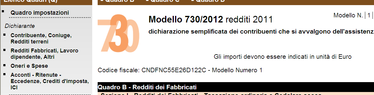 Compilazione del modello 730 (5/5) Dopo aver cliccato sulle voci presenti nel menù a sinistra è possibile spostarsi da un quadro all altro attraverso le scelte presenti nella barra in