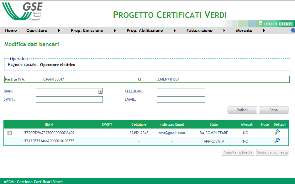 8 Modifica dati bancari Ogni operatore che accede alla funzionalità delle richieste di ritiro per la prima volta e che non ha dati bancari inseriti, è obbligato ad effettuare l inserimento delle