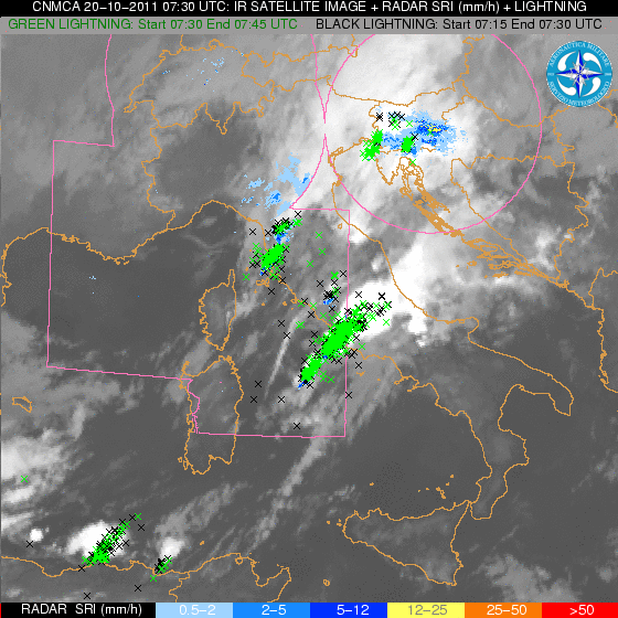 Immagine composita RADAR+ IR 10.8 + scariche elettriche 20/10/2011 0730 UTC.