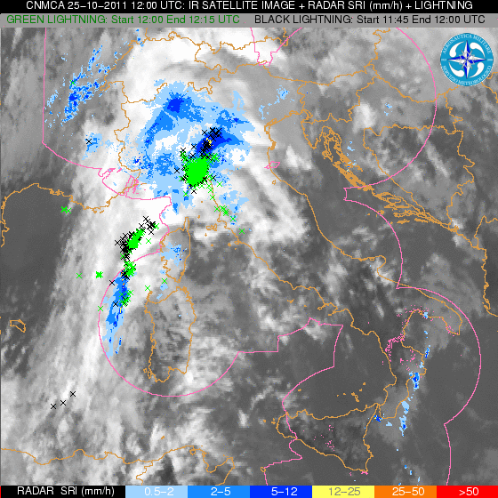 Immagine composita RADAR+ IR 10.8+ scariche elettriche 25/10/2011 1200 UTC.