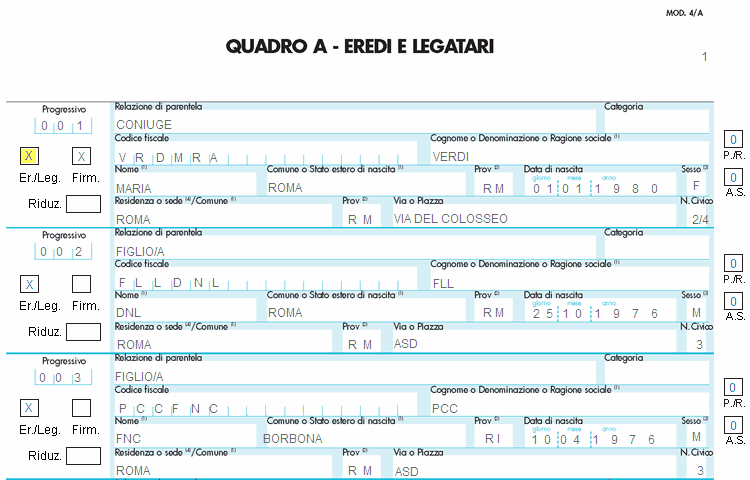 19 Successione e Voltura Catastale Fig. 1 - Quadro A - Eredi e Legatari In questo Quadro vengono elencati gli eredi inseriti tramite apposita funzione.